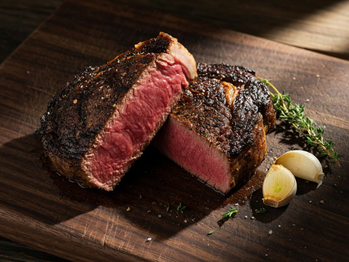 Thick ribeye steak sliced open showing edge-to-edge medium-rare pink interior with a deep brown seared crust