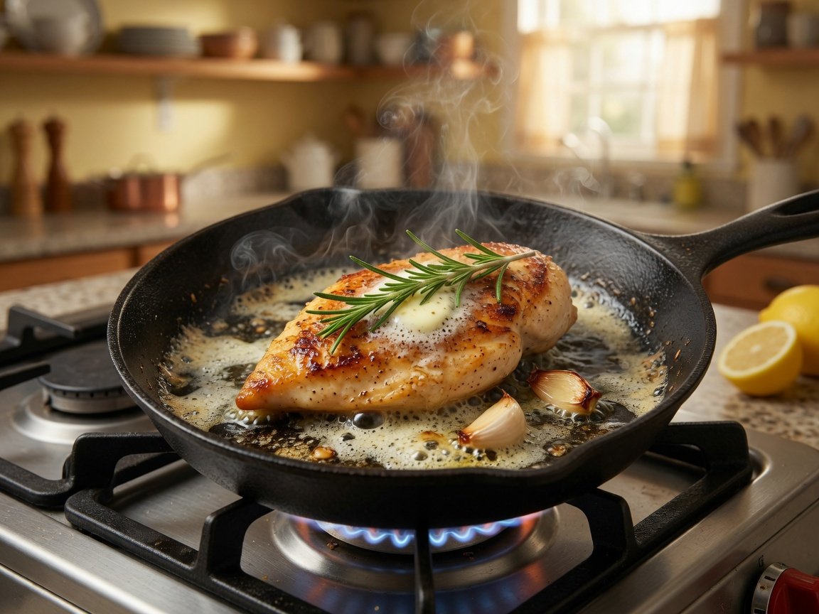 Home cook searing a sous vide chicken breast in a cast-iron skillet with foaming butter and fresh herbs