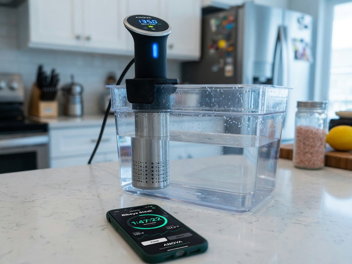 An Anova Precision Cooker 3.0 clipped to the rim of a clear polycarbonate container, a smartphone in the foreground