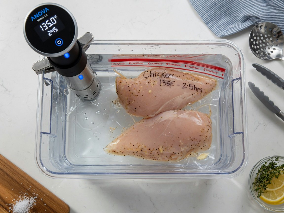 Anova Nano 2.0 circulator clipped to a clear 12-quart container, vacuum-sealed chicken breasts clearly visible through