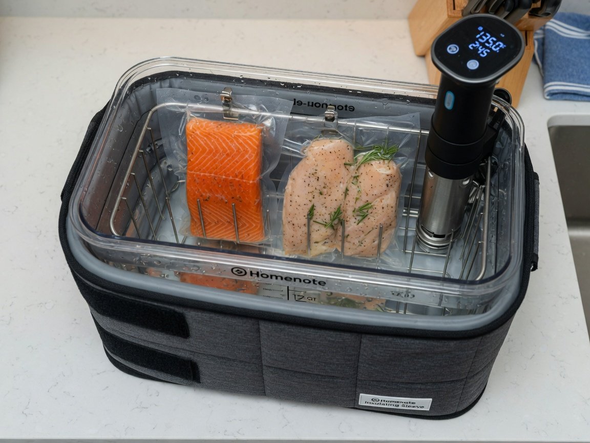 homenote 12-quart sous vide container on a kitchen counter with the insulating sleeve fitted snugly around it, the rack