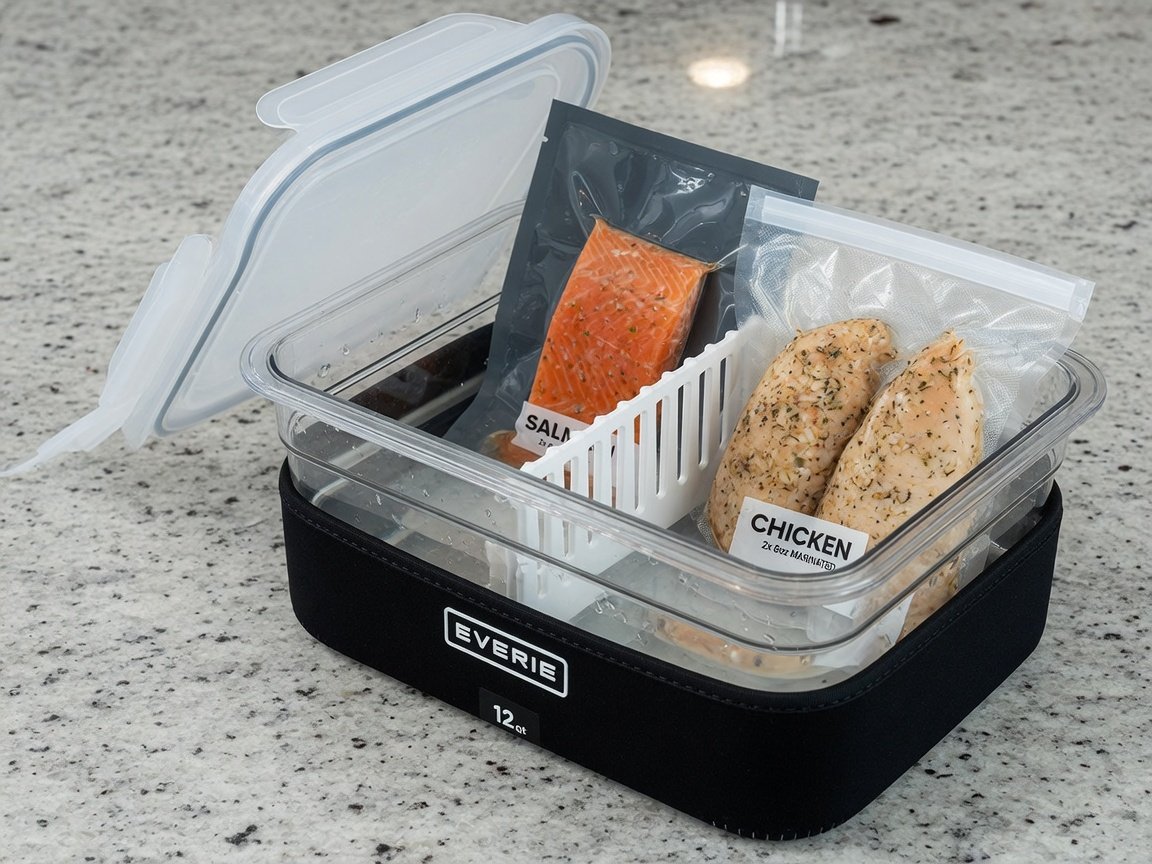 EVERIE 12-quart sous vide container kit with the collapsible lid partially open at an angle, the lock-in divider rack
