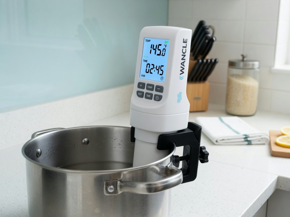 Wancle sous vide circulator attached to a standard kitchen pot, digital LCD display showing temperature and time