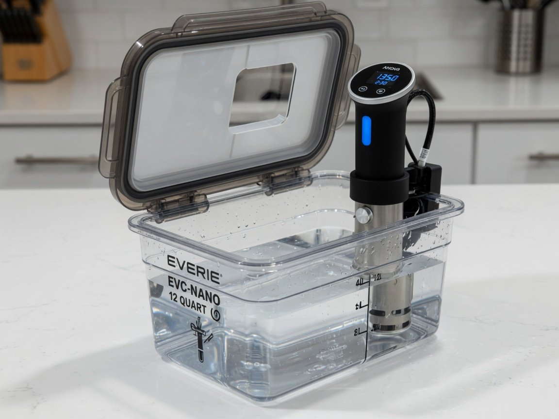 EVERIE EVC-NANO 12-quart sous vide container with its upgraded collapsible hinged lid propped open, an Anova Nano
