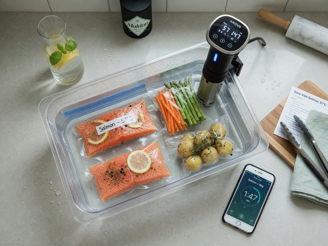 Overhead view of a complete sous vide cooking setup on a kitchen counter — a precision circulator running in a clear