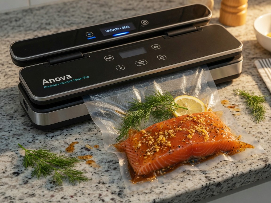 Anova Culinary Precision Vacuum Sealer Pro on a granite kitchen counter actively sealing a sous vide bag of marinated