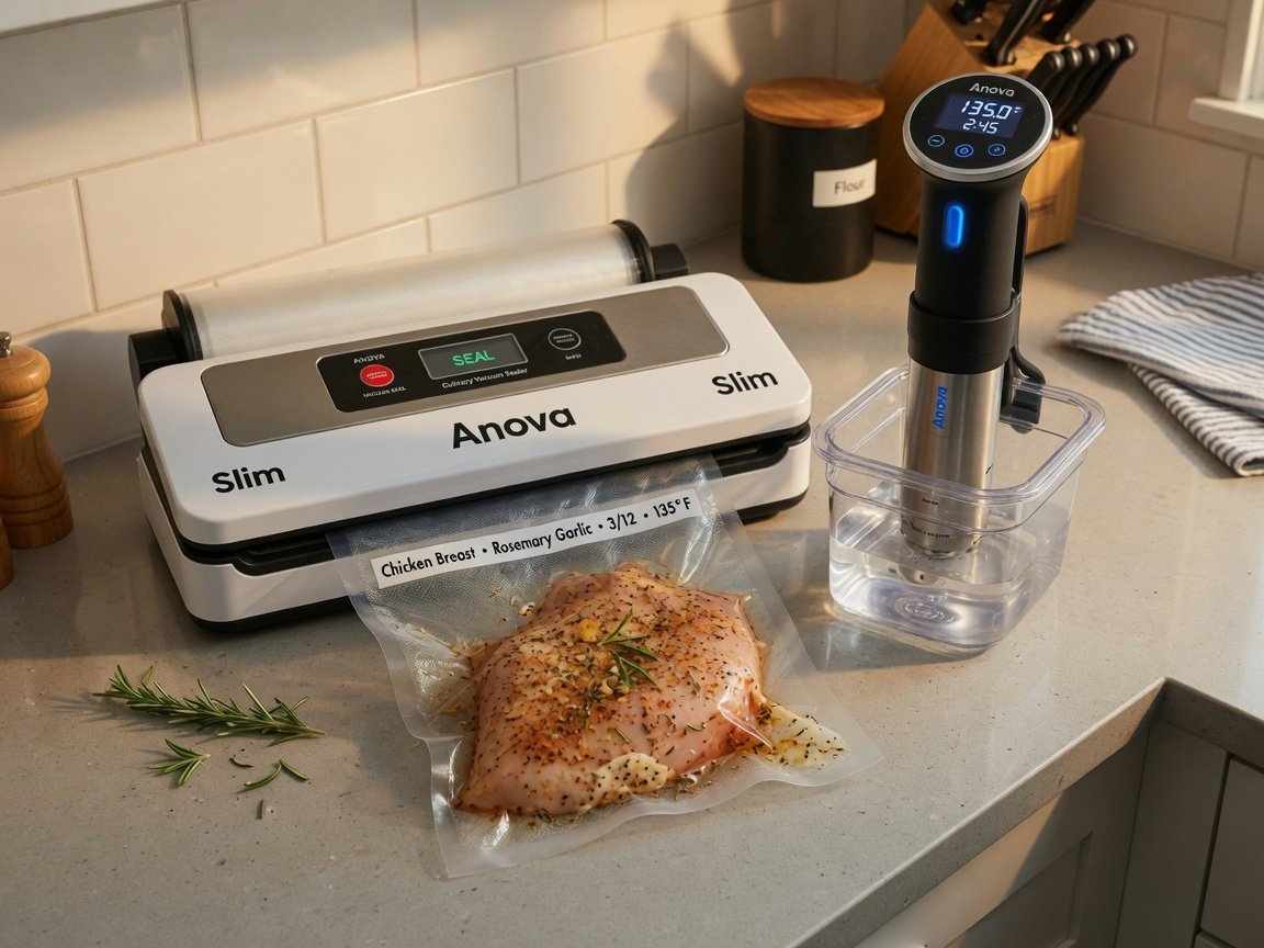 Slim Anova Culinary Vacuum Sealer sitting beside an Anova immersion circulator on a tidy kitchen counter, with a sealed
