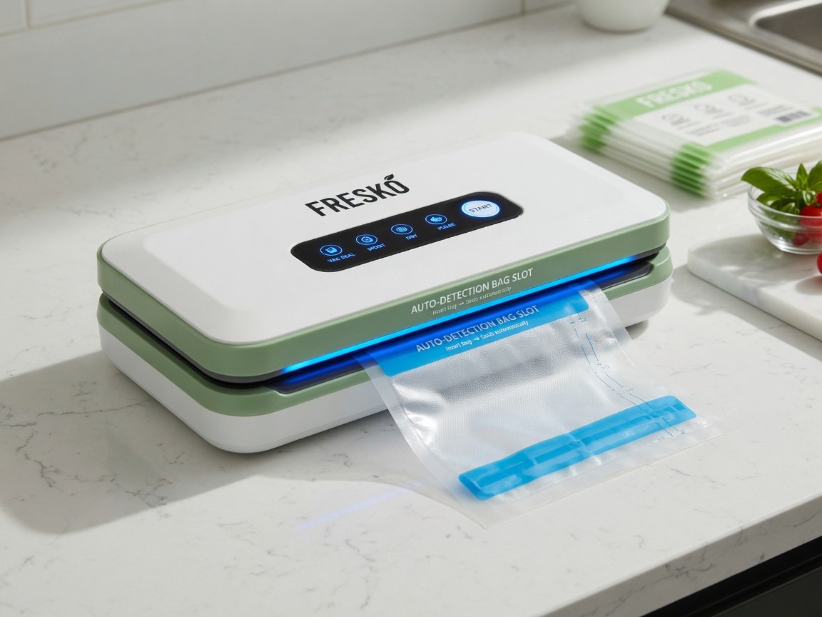 FRESKO compact vacuum sealer machine on a white quartz kitchen surface, shot from a 3/4 angle showing the