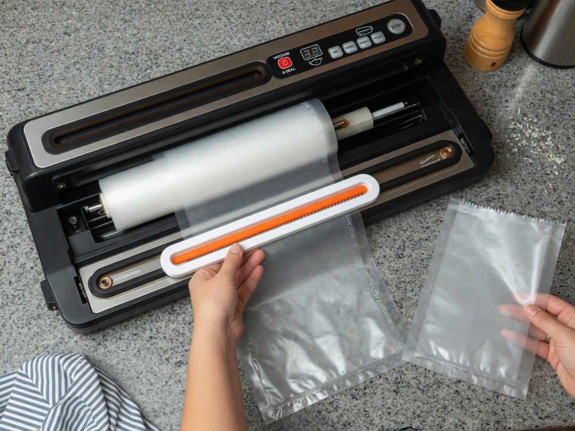 Feature-rich vacuum sealer with integrated bag roll storage and cutter being used on a kitchen counter, showing the