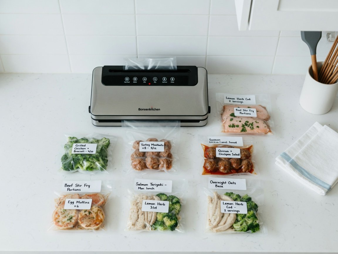 Bonsenkitchen silver vacuum sealer machine on a minimalist white countertop surrounded by neatly sealed meal prep bags