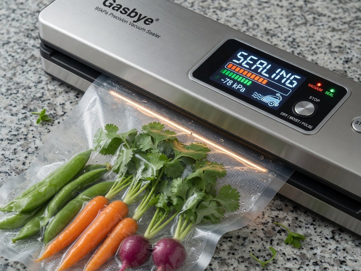 Gasbye 95kPa silver precision vacuum sealer with progress display lit up and glowing, actively sealing a bag of fresh