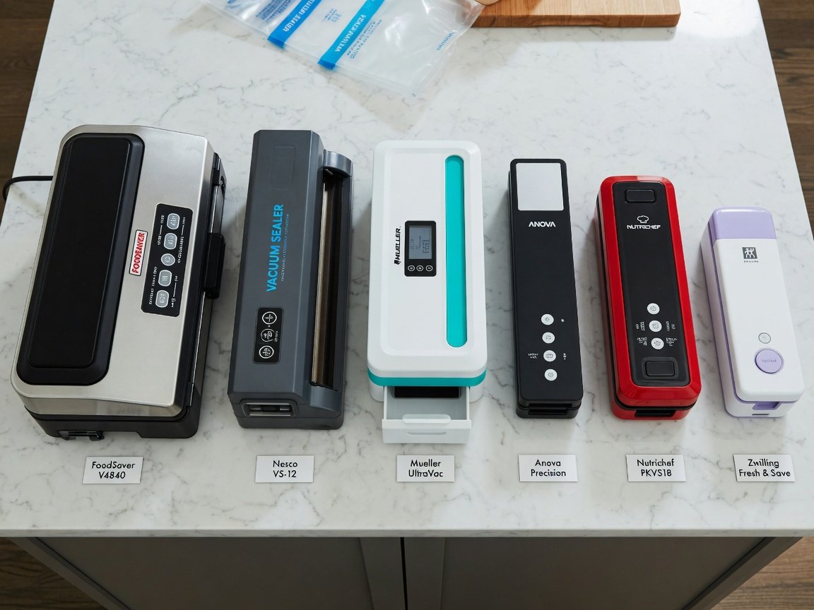 All six vacuum sealer machines lined up in a row on a wide kitchen island for a direct size comparison, clean editorial