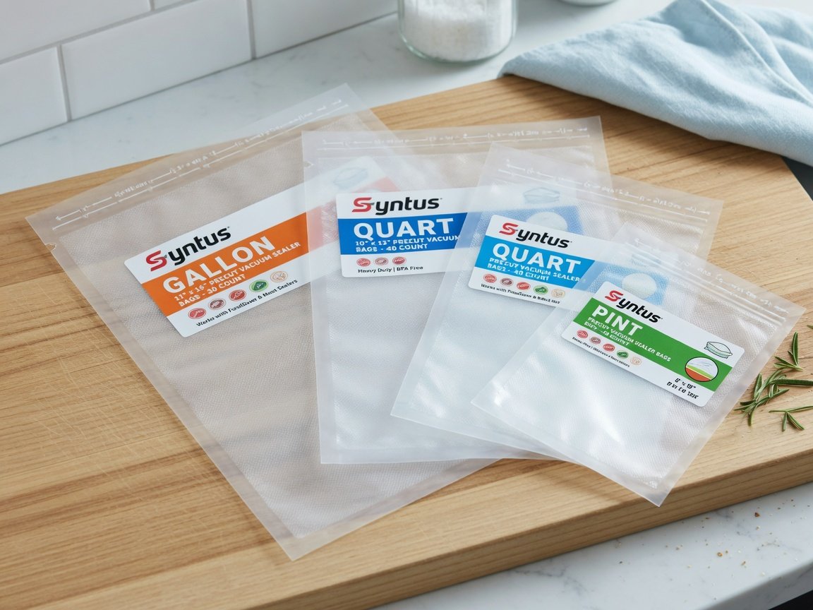 Syntus precut vacuum sealer bags fanned out in three sizes on a wooden chopping board showing pint, quart, and gallon