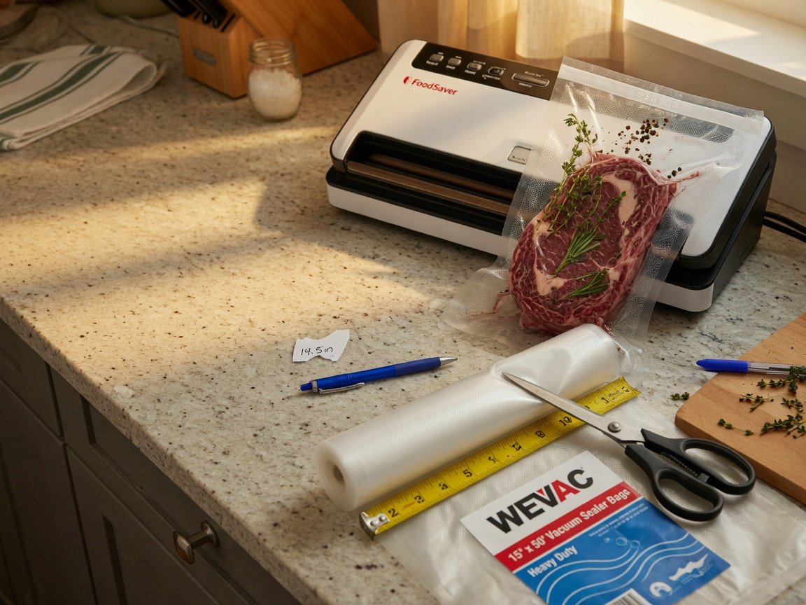 Wevac vacuum sealer bag roll being measured and cut on a kitchen counter alongside a FoodSaver-style vacuum sealer