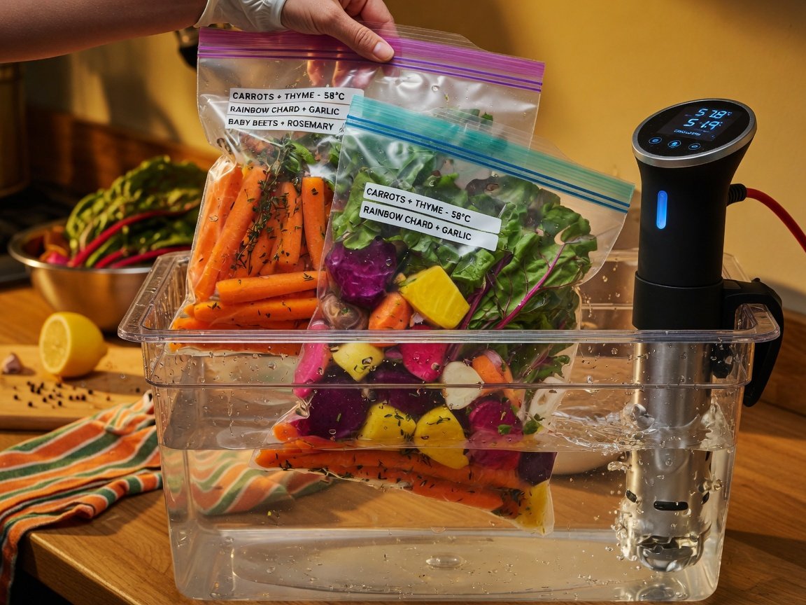Reusable zip-seal sous vide bags with food inside being lowered into a clear sous vide container with an immersion