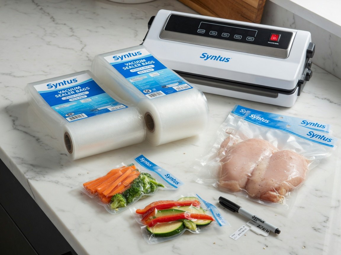 Syntus vacuum sealer roll bags in two widths (8 inch and 11 inch) on a kitchen countertop next to a vacuum sealer