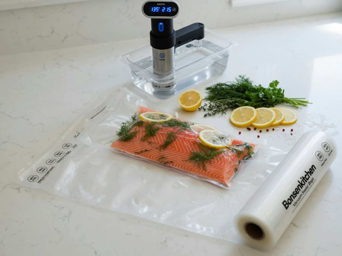 Bonsenkitchen vacuum sealer bags unrolled on a white kitchen counter with a sealed salmon fillet and fresh herbs and