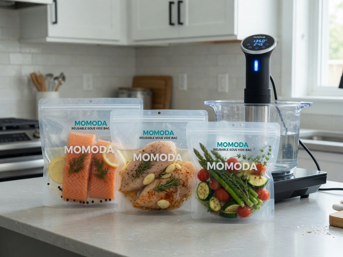 MOMODA reusable sous vide bags arranged on a countertop with an Anova Precision Cooker visible in the background, bags