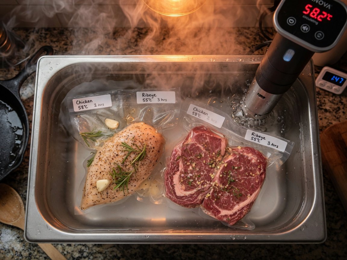 Overhead shot of two sous vide vacuum sealed bags of protein cooking in a water bath with an immersion circulator