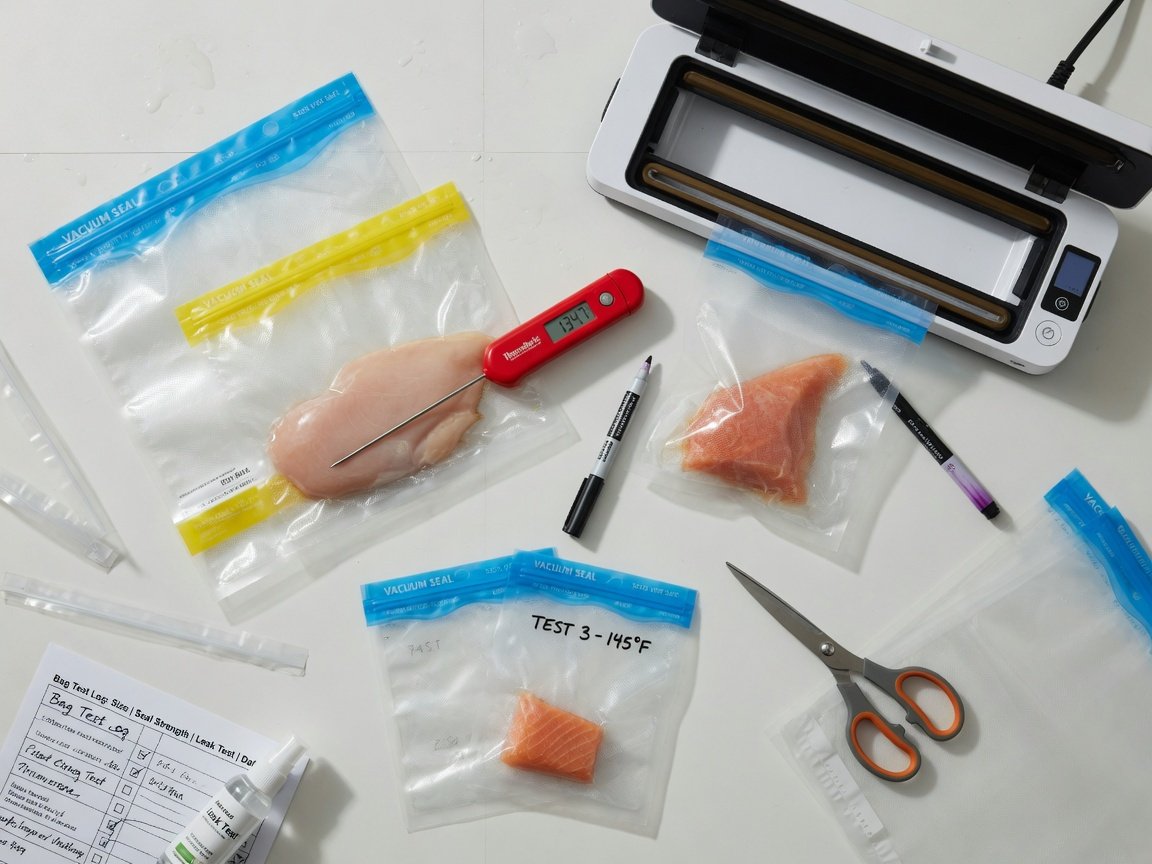 Flat lay testing setup on a white background with vacuum sealer bags in different sizes, a vacuum sealer machine, an