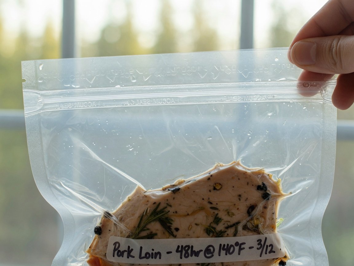 Close-up of a vacuum-sealed bag being held up to a window after a 48-hour sous vide cook — seal line clearly visible