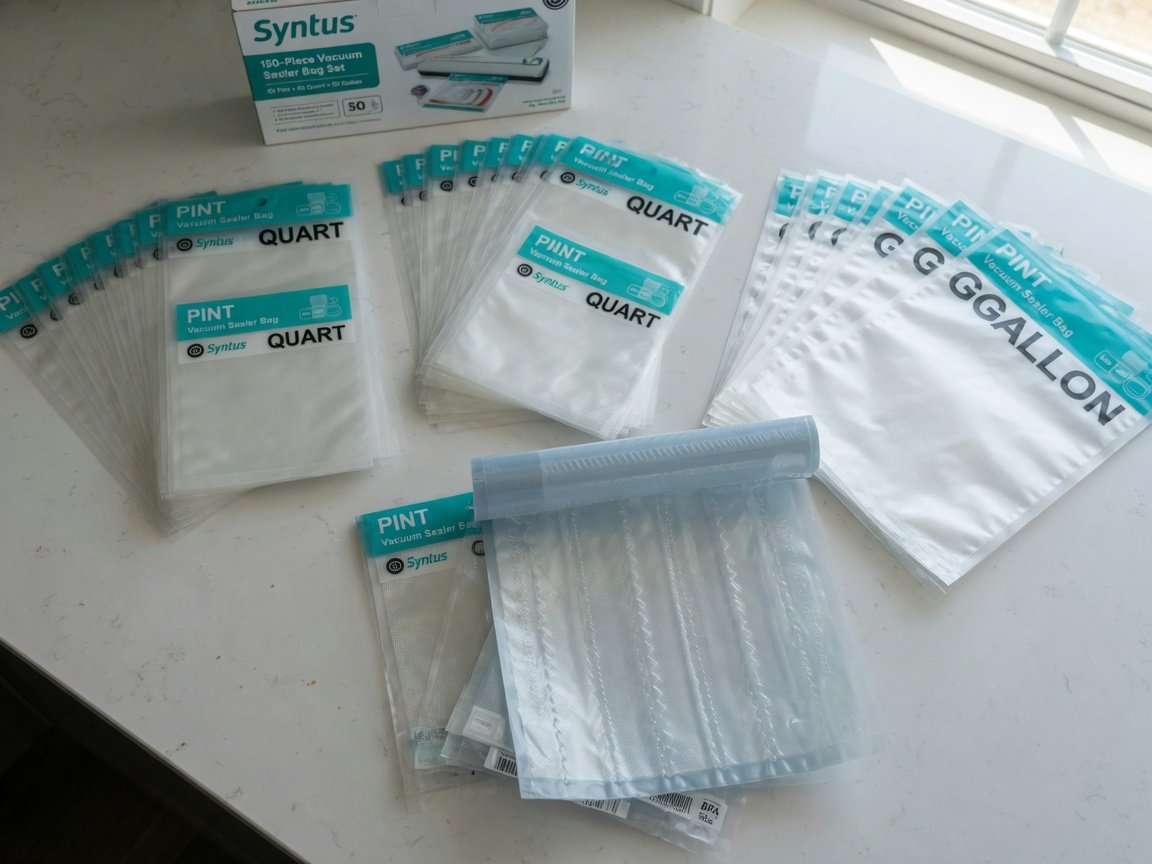 Syntus 150-piece vacuum sealer bag set fanned out on a clean kitchen counter showing all three bag sizes side by side —