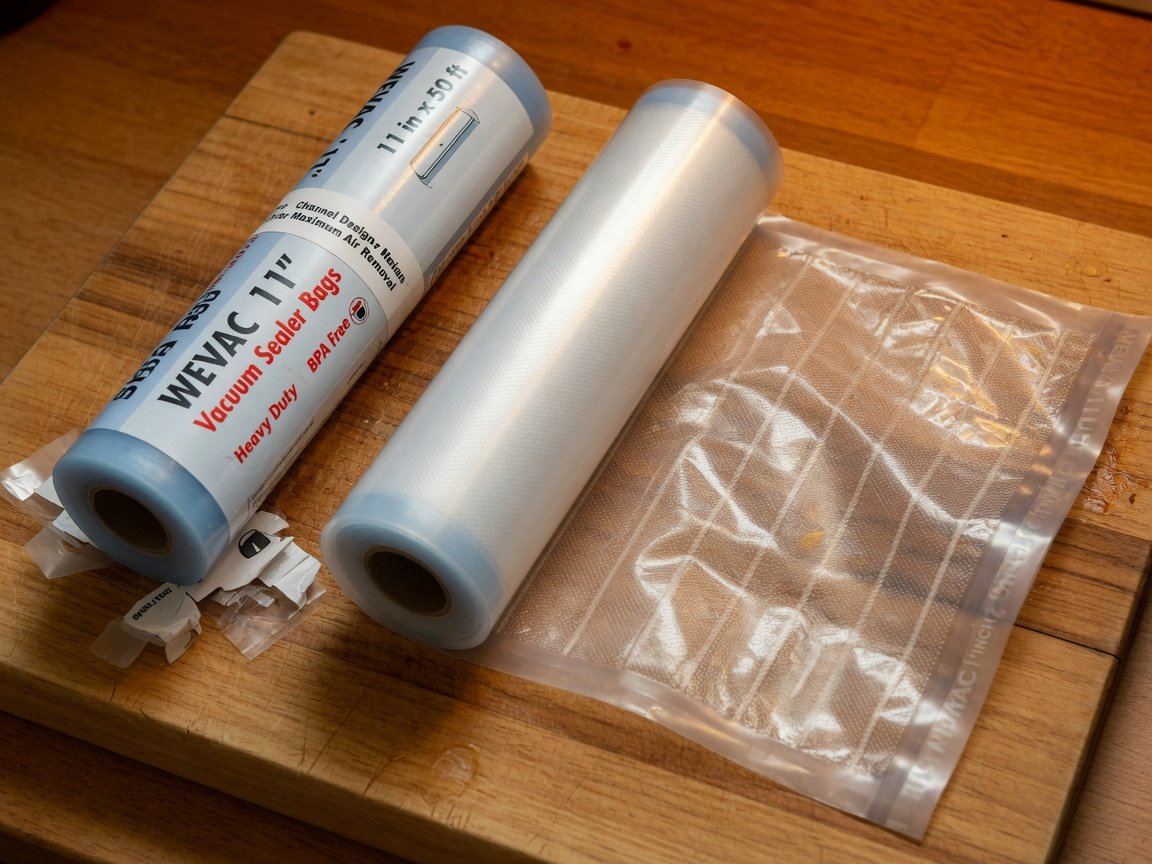 Two Wevac 11-inch vacuum sealer bag rolls side by side on a wooden kitchen cutting board, one partially unrolled to