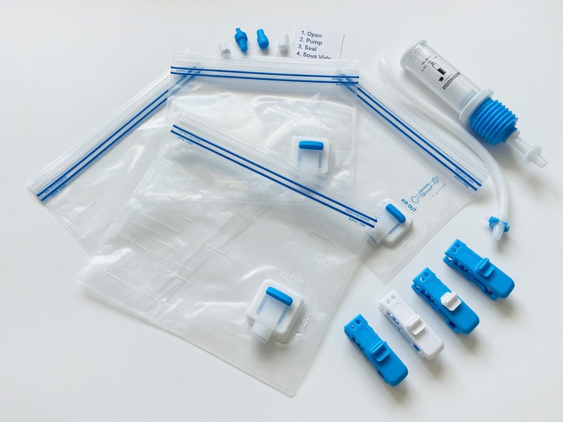 Flat lay of reusable sous vide zipper bags with air valves and seal clips on a white background — bags open to show