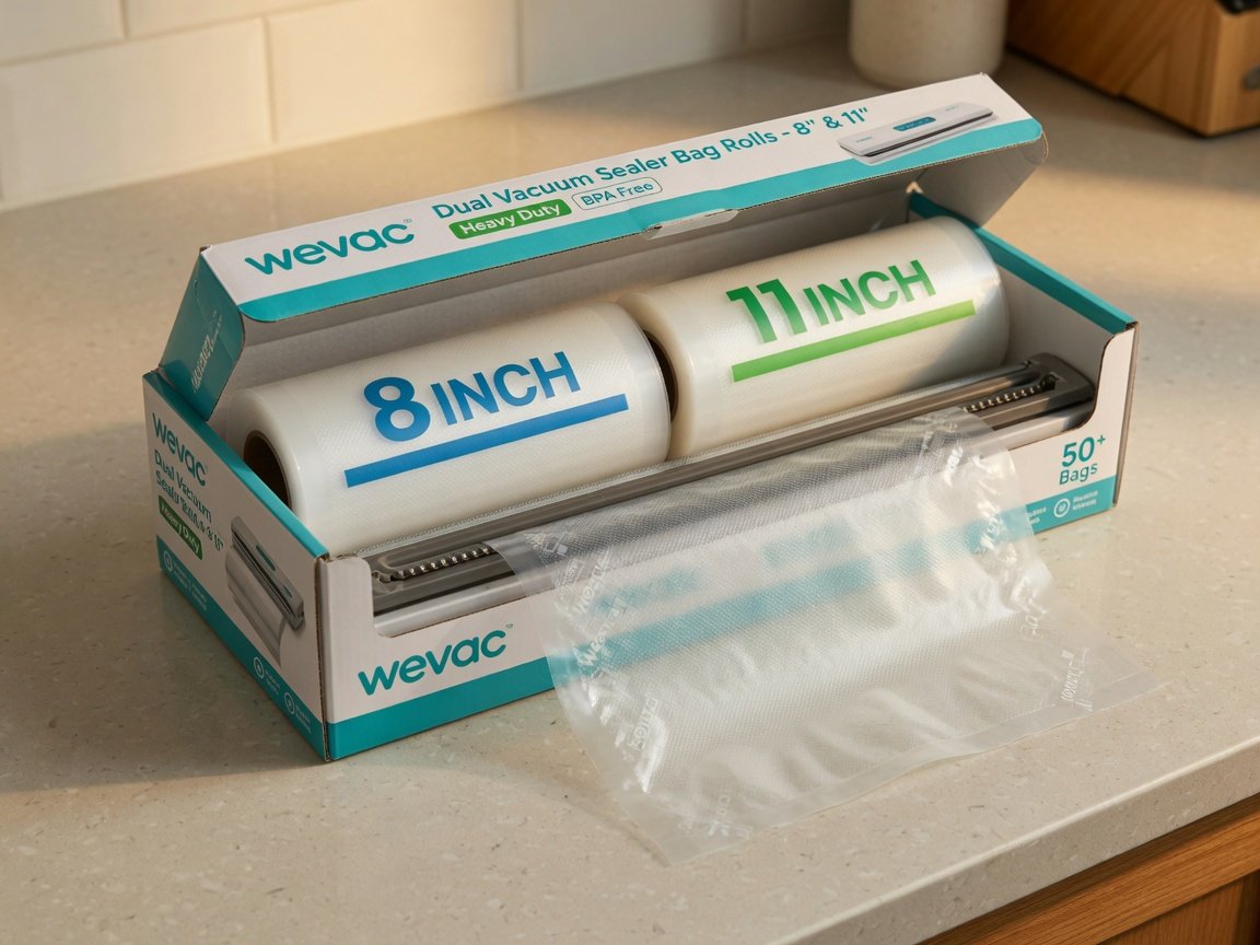 Wevac dual vacuum sealer bag roll set in its cutter dispenser box on a kitchen counter — both the 8-inch and 11-inch