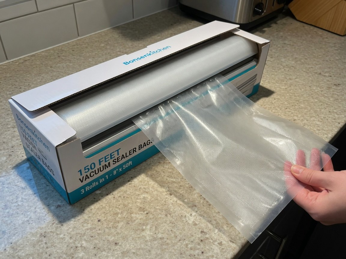 Bonsenkitchen 150-foot vacuum sealer bag roll in its dispenser cutter box on a kitchen countertop, a length of bag