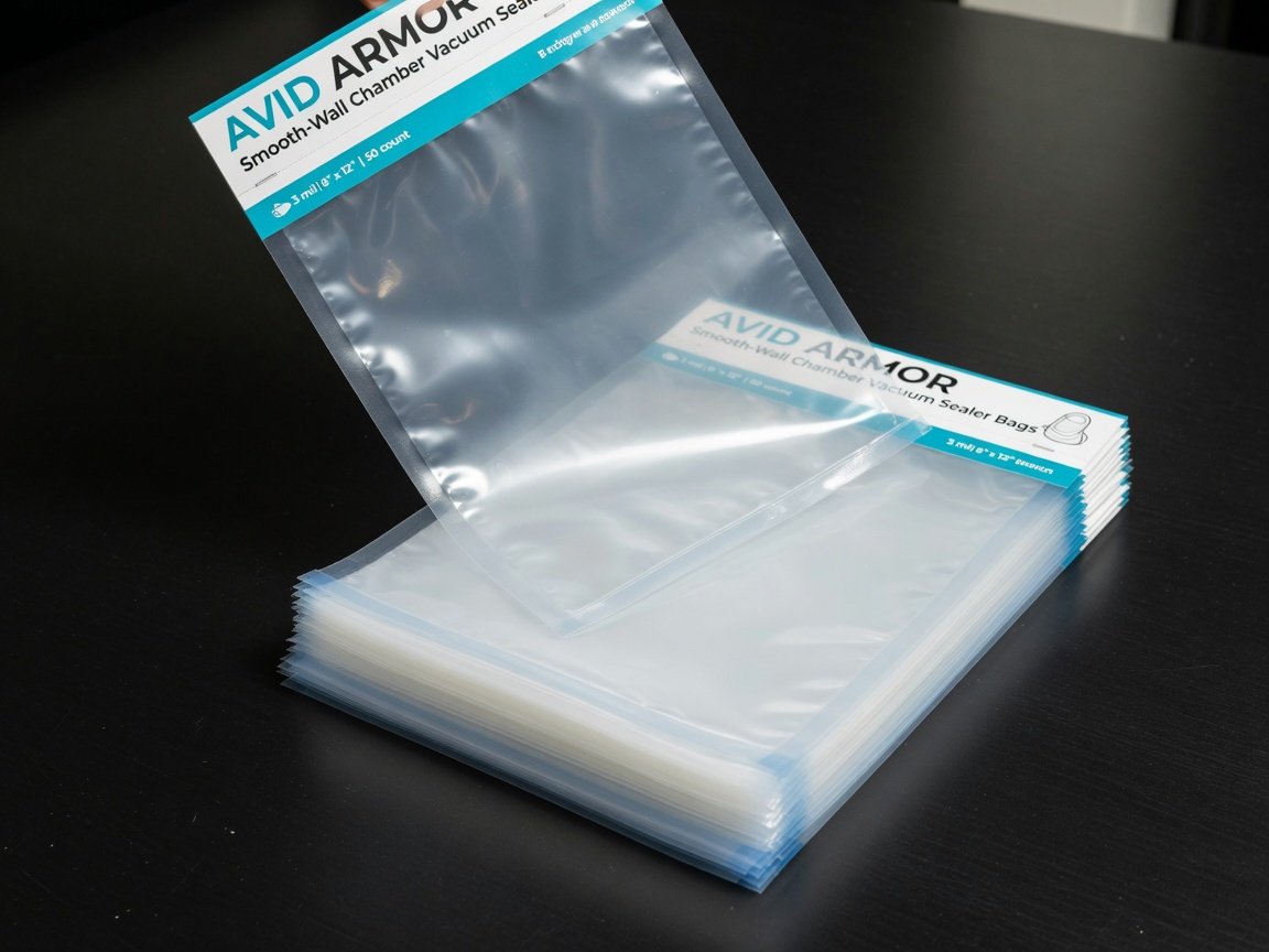 Stack of Avid Armor smooth-wall chamber vacuum sealer bags on a dark countertop — one bag held up to show the smooth