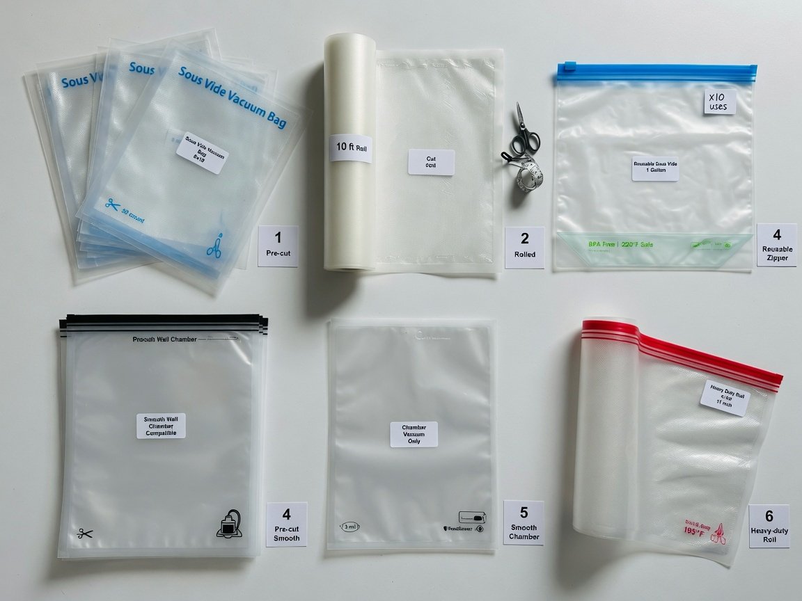 Overhead comparison flat lay of all six sous vide vacuum bag types arranged in a neat grid on a white surface — showing