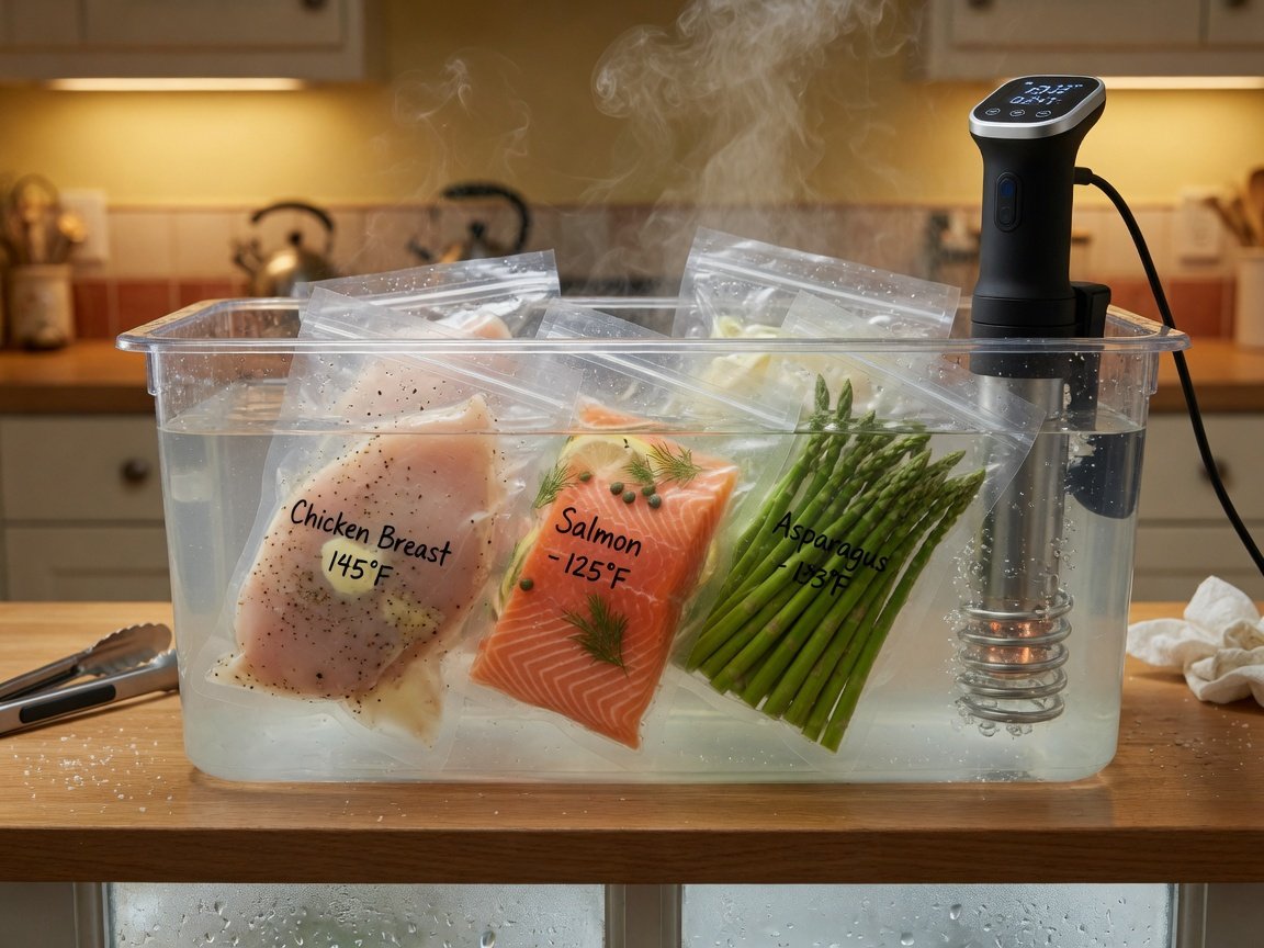 Active sous vide water bath with four vacuum-sealed bags submerged and cooking — transparent bags showing chicken