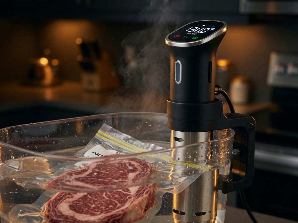 Close-up immersion circulator digital temperature display showing 130.0°F in sous vide water bath
