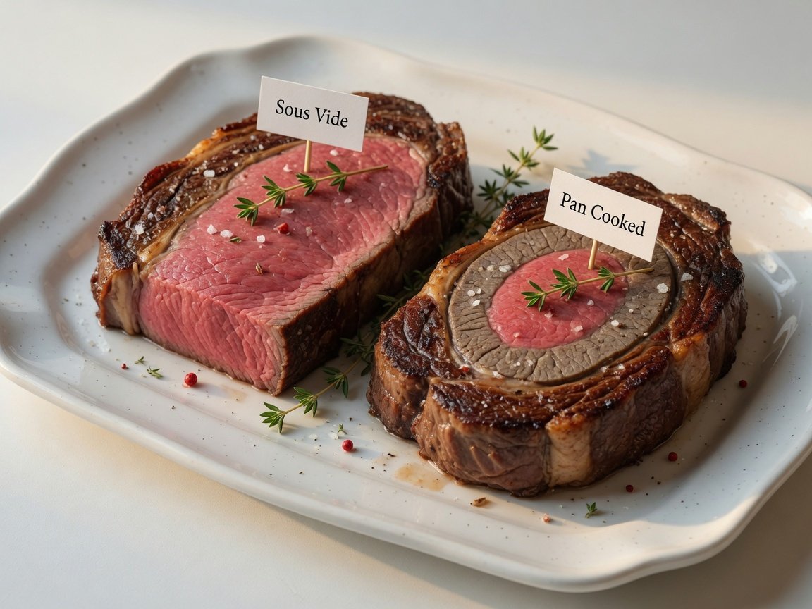 Two sliced ribeye steaks side by side showing sous vide uniform medium-rare versus conventional cooking gradient